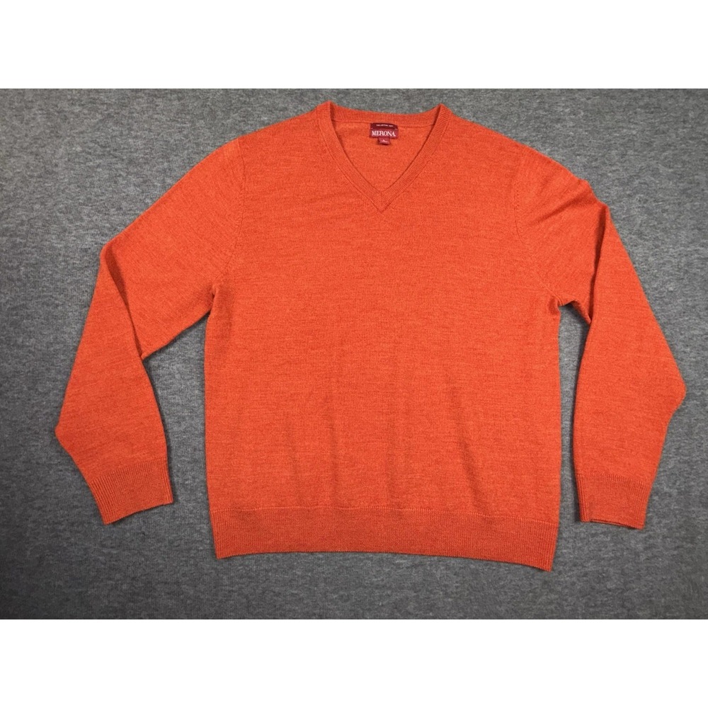Merona Mens‎ Sz L Orange 100%  Merino Wool V Neck Sweater Lightweight Classic